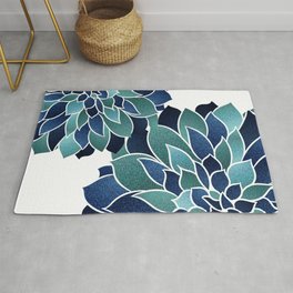 Festive, Floral Prints, Navy Blue and Teal on White Area & Throw Rug