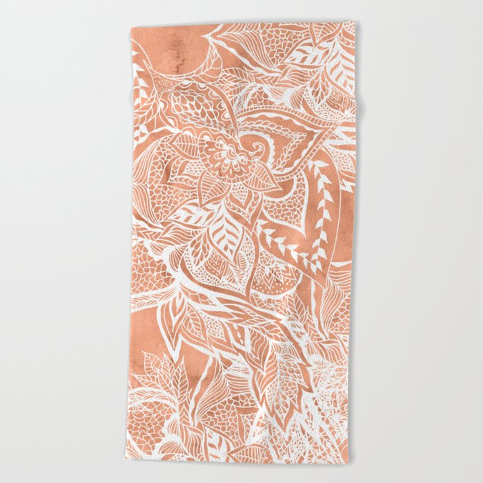 Modern tan copper terracotta watercolor floral white boho hand drawn pattern Beach Towel