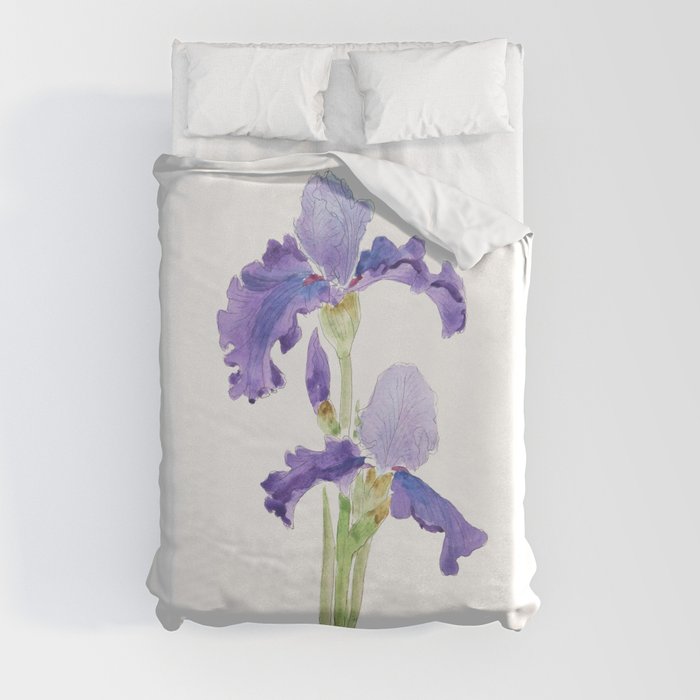 two purple irises ink and watercolor Duvet Cover
