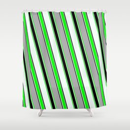 [ Thumbnail: Dark Gray, Lime, Mint Cream & Black Colored Stripes/Lines Pattern Shower Curtain ]