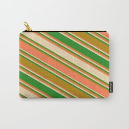 [ Thumbnail: Coral, Tan, Forest Green, and Dark Goldenrod Colored Stripes/Lines Pattern Carry-All Pouch ]