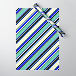 [ Thumbnail: Aquamarine, Blue, Light Yellow & Black Colored Lined Pattern Wrapping Paper ]