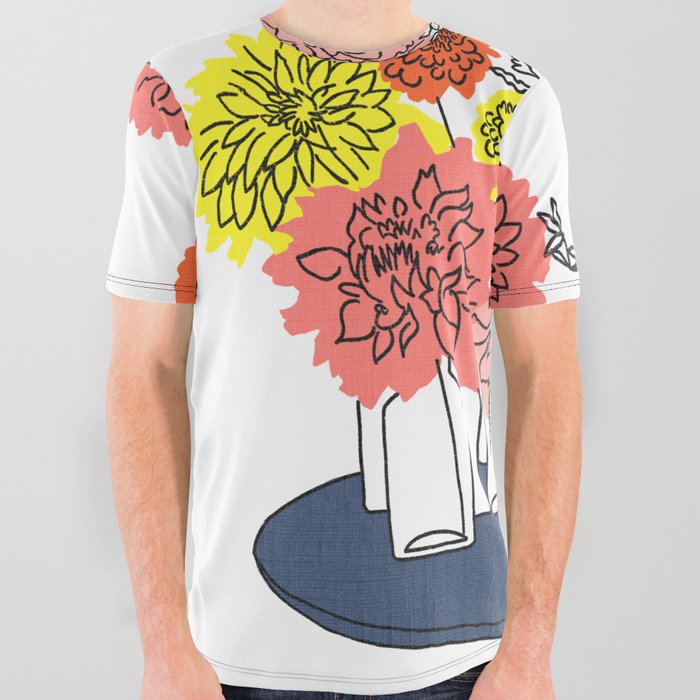 Retro Modern Floral Bottle Bouquet Orange and Yellow All Over Graphic Tee