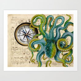Octopus Compass Green Music Collage Art Print