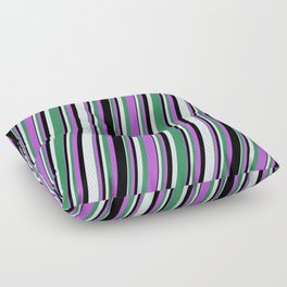 [ Thumbnail: Orchid, Black, Light Cyan, and Sea Green Colored Lined/Striped Pattern Floor Pillow ]