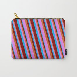 [ Thumbnail: Deep Sky Blue, Dark Red, Chocolate & Violet Colored Lines/Stripes Pattern Carry-All Pouch ]