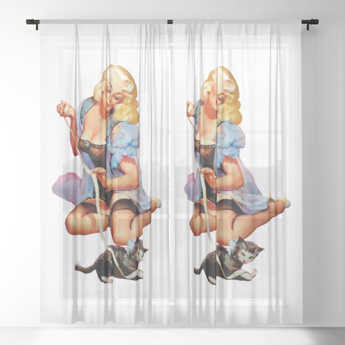 Sexy Blond Vintage Pinup Playing With a Cute Puppy Cat Sheer Curtain