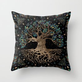 Tree of life -Yggdrasil Golden and Marble ornament Throw Pillow