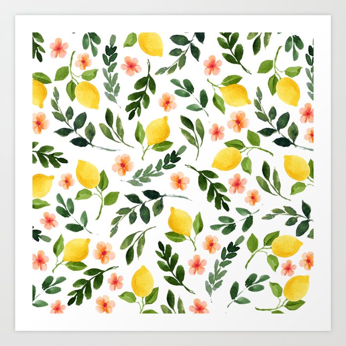 Lemon Grove Kunstdrucke | Gemälde, Aquarell, Muster, Zitrone, Zitronen, Citrus, Yellow, Grün, Pink, Blumen