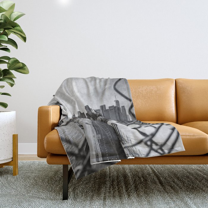 Views of New York City | Skyline and Brooklyn Bridge Through the Fence | Black and White Throw Blanket