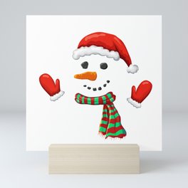 cute smiling frosty snowman in red santa hat and scarf. christmas wall art decor, xmas gift, poster Mini Art Print