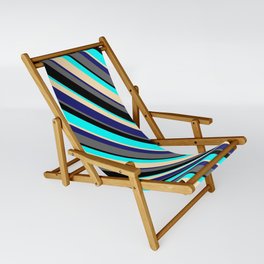 [ Thumbnail: Colorful Dim Grey, Black, Cyan, Beige, and Midnight Blue Colored Striped Pattern Sling Chair ]