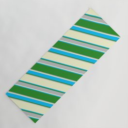 [ Thumbnail: Light Yellow, Deep Sky Blue, Forest Green & Grey Colored Stripes Pattern Yoga Mat ]