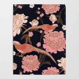 Two Pretty Birds | Chinese Oriental Design | Pink Floral Wildlife |  Poster