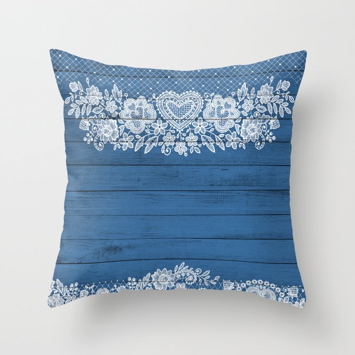 Blue Rustic Wood & White Lace Throw Pillow