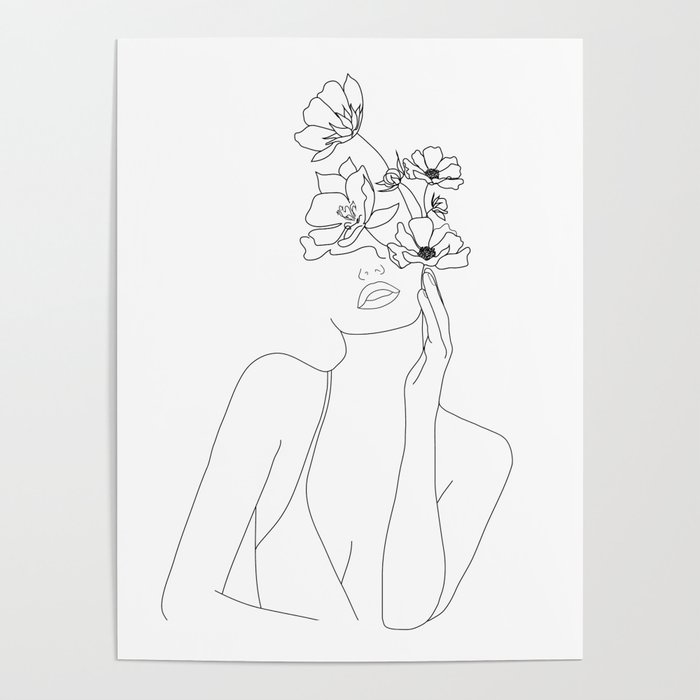 Minimal Line Art Woman with Flowers Poster