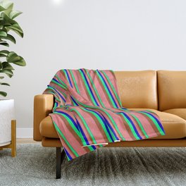 [ Thumbnail: Blue, Green, Sienna & Light Coral Colored Striped/Lined Pattern Throw Blanket ]
