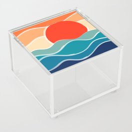 Retro 70s and 80s Color Palette Mid-Century Minimalist Nature Waves and Sun Abstract Art Acrylic Box