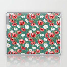 Daisy and Poppy Seamless Pattern on Green Blue Background Laptop Skin