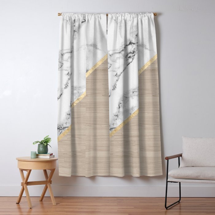 Modern White Marble Gold Stripe Wood Color Block Blackout Curtain