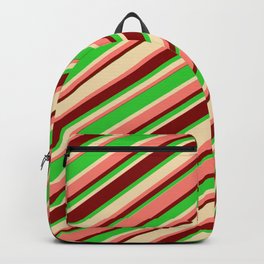 [ Thumbnail: Salmon, Maroon, Lime Green & Tan Colored Lines Pattern Backpack ]