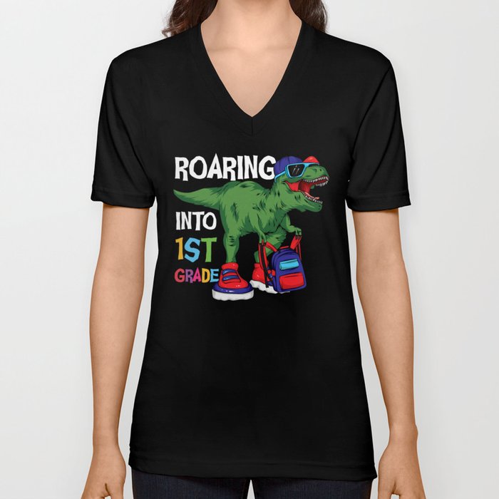 Roaring Into 1st Grade Student Dinosaur V Neck T Shirt