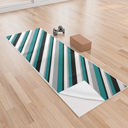 [ Thumbnail: Teal, Dark Grey, White, and Black Colored Lines/Stripes Pattern Yoga Towel ]