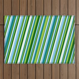 [ Thumbnail: Light Sky Blue, Teal, Green, Dark Green, and Mint Cream Colored Striped Pattern Outdoor Rug ]
