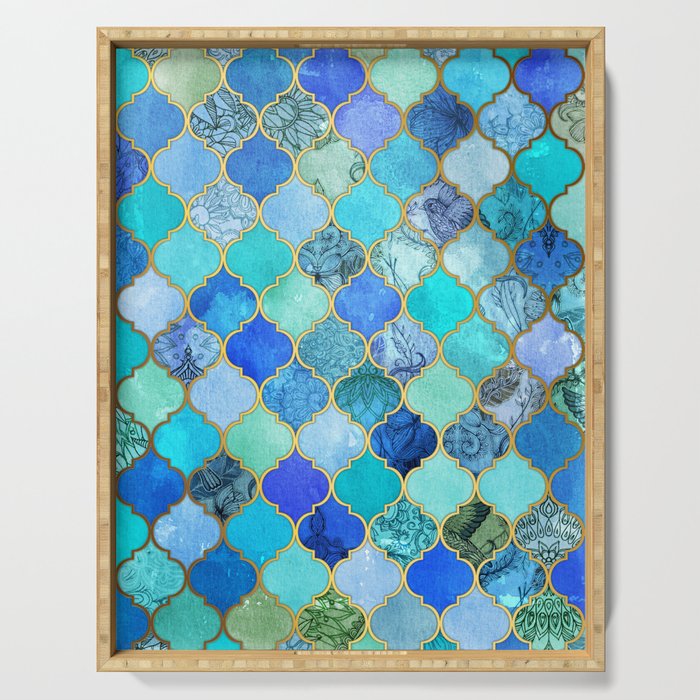 Cobalt Blue, Aqua & Gold Decorative Moroccan Tile Pattern Serving Tray