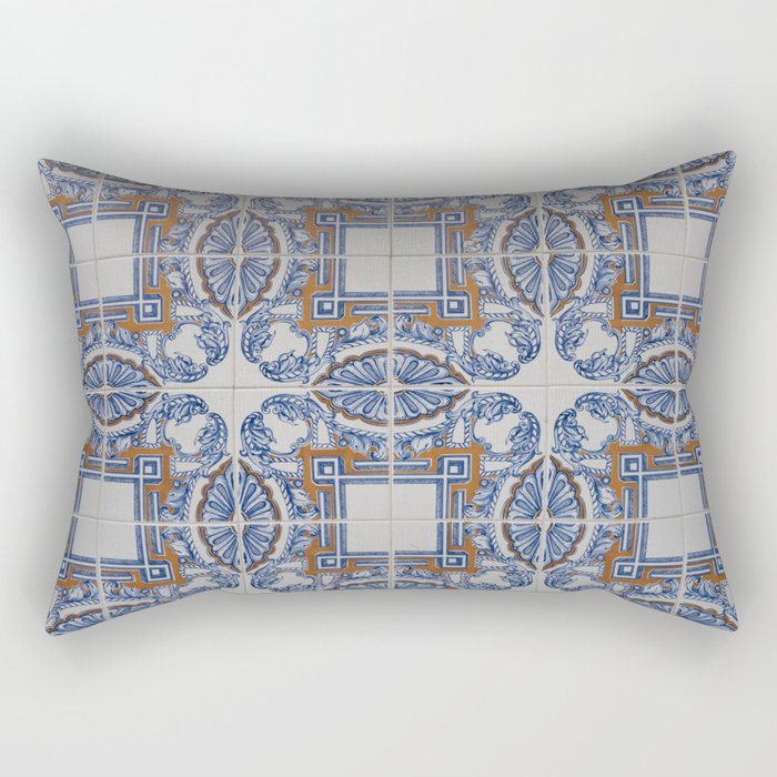 Retro vintage azulejos tiles in Lisbon Portugal - blue pattern street and travel photography Rectangular Pillow