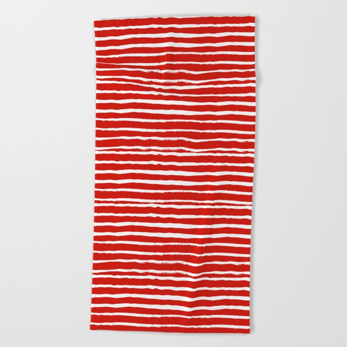 Minimal Christmas red and white holiday pattern stripes candy cane stripe pattern Beach Towel