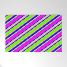 [ Thumbnail: Green, Light Gray, Fuchsia & Blue Colored Stripes/Lines Pattern Welcome Mat ]
