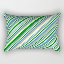 [ Thumbnail: Eye-catching Blue, Dark Gray, Light Yellow, Green, and Powder Blue Colored Lined Pattern Rectangular Pillow ]