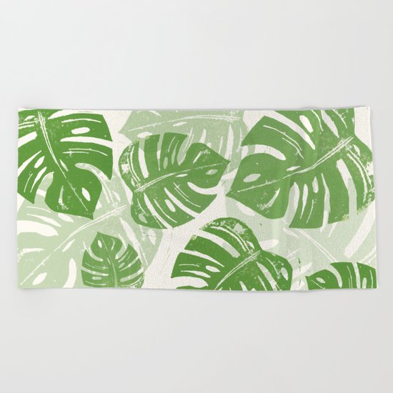 Linocut Monstera Leaf Pattern Beach Towel