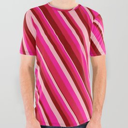 [ Thumbnail: Deep Pink, Crimson, Dark Red, and Light Pink Colored Lines/Stripes Pattern All Over Graphic Tee ]