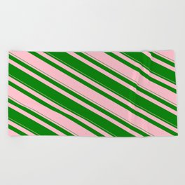 [ Thumbnail: Pink and Green Colored Striped/Lined Pattern Beach Towel ]