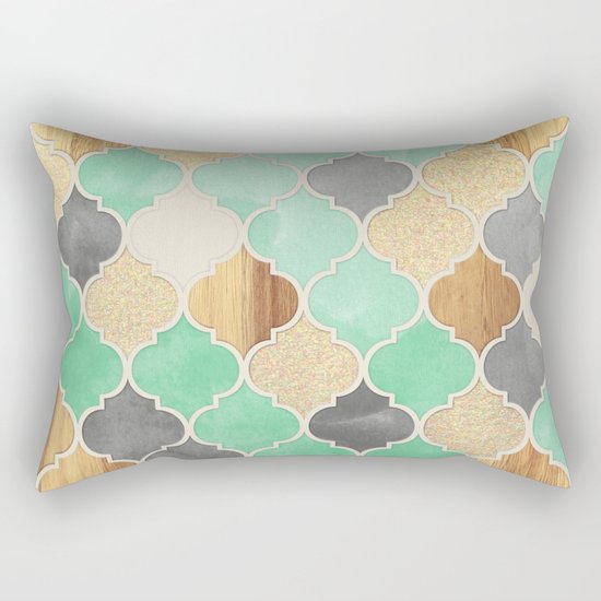 Charcoal, Mint, Wood & Gold Moroccan Pattern Rectangular Pillow
