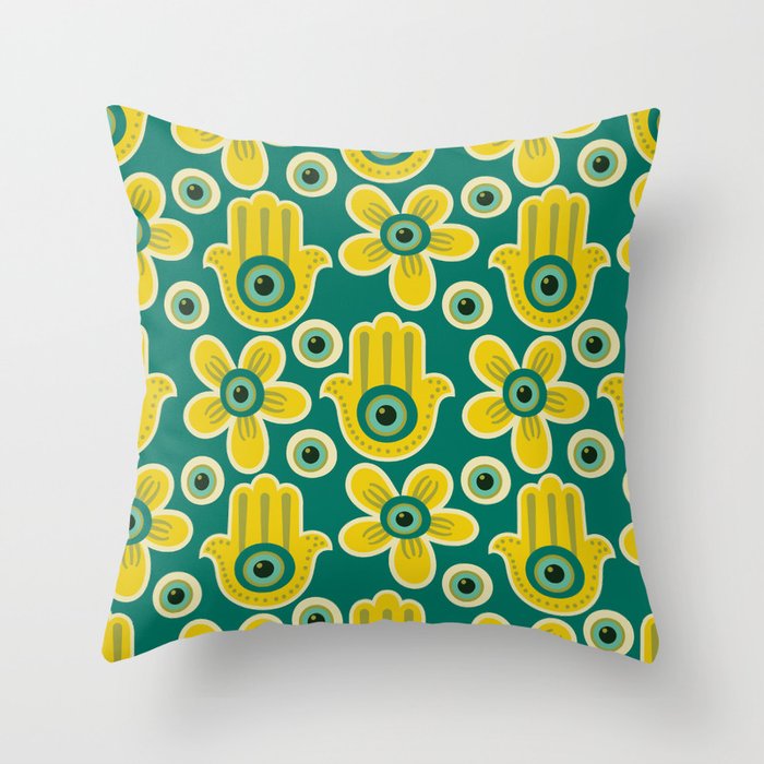 Hamsa Hand & Evil Eye Floral Pattern - Yellow & Teal Throw Pillow