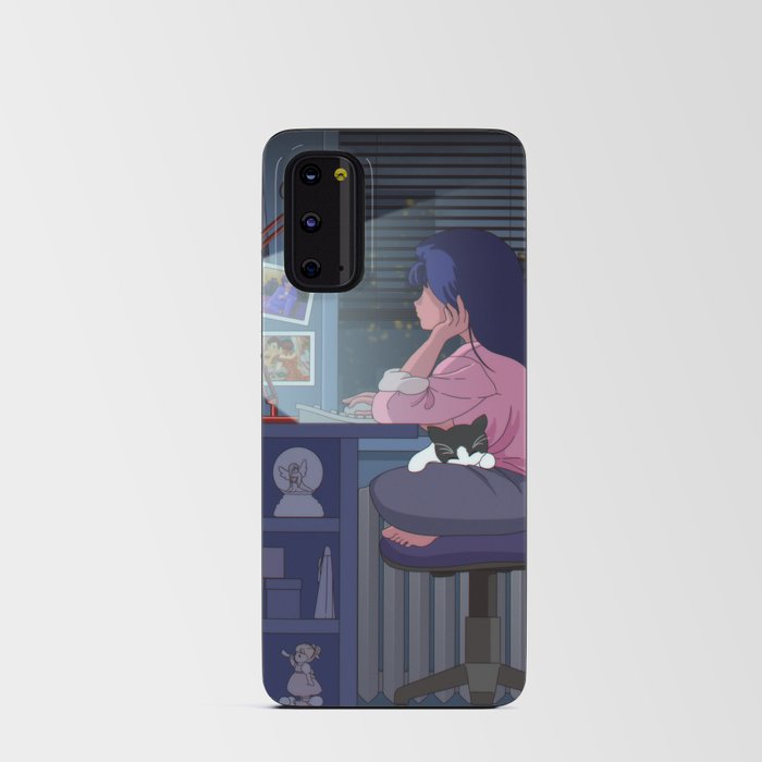 Retro Anime Girl on Computer with Cat Android Card Case