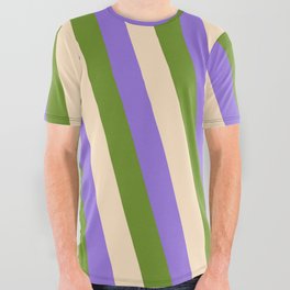[ Thumbnail: Purple, Green, and Bisque Colored Lines/Stripes Pattern All Over Graphic Tee ]