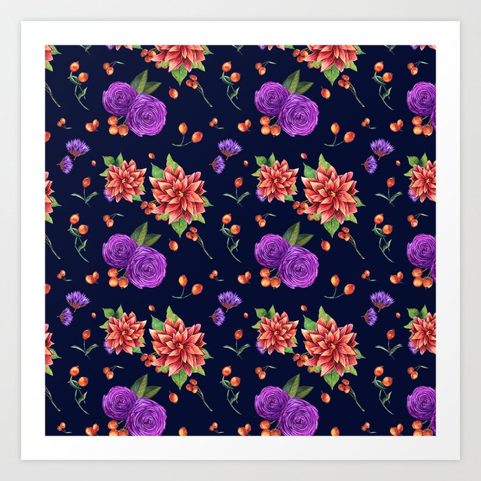 Vintage navy blue red purple botanical floral pattern Art Print