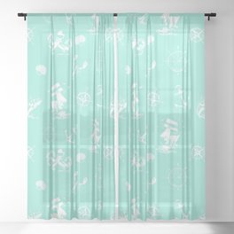 Mint Blue And White Silhouettes Of Vintage Nautical Pattern Sheer Curtain
