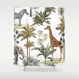 Beautiful tropical vintage hawaiian palm trees, zebra, giraffe, elephant, leopard. Hand drawn floral seamless pattern on the white background. Exotic jungle wallpaper.  Shower Curtain