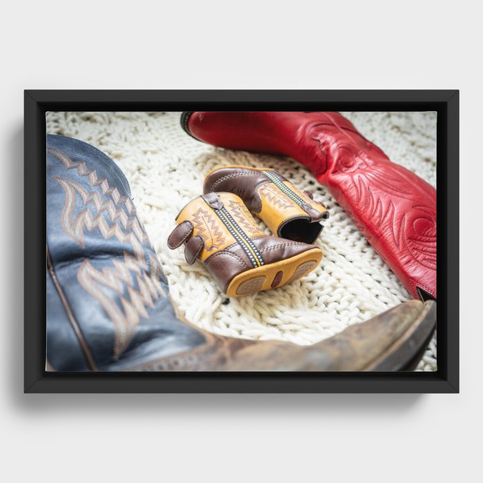 3 Cowboy Boots - Soft, Bright, Warm - Red, Blue, Brown, White Framed Canvas
