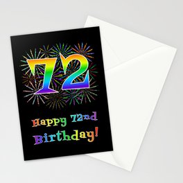 [ Thumbnail: 72nd Birthday - Fun Rainbow Spectrum Gradient Pattern Text, Bursting Fireworks Inspired Background Stationery Cards ]