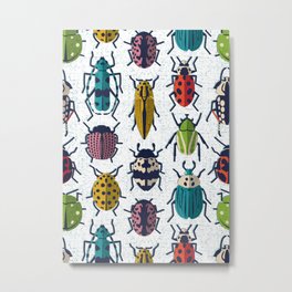 These don't bug me // white background green yellow neon red orange pink blue and black and ivory retro paper cut beetles and insects Metal Print | Entomophobia, Botanical, Scarabs, Insectophobia, Pattern, Selmacardoso, Vintage, Bugpattern, Texture, Bug 