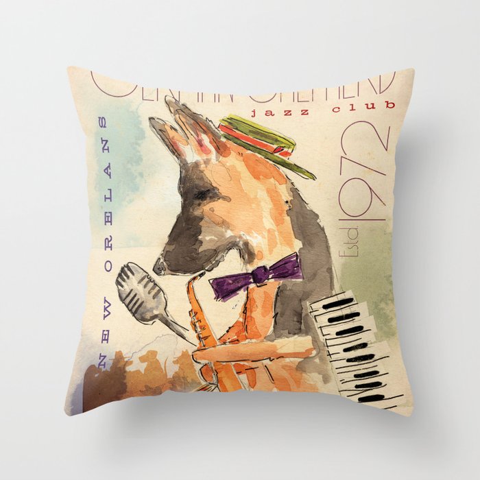 german shepherd dog gsd jazz music poster musician keyboard saxophone art artwork Throw Pillow