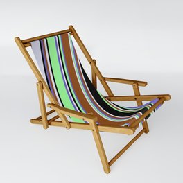 [ Thumbnail: Eyecatching Slate Blue, Brown, Lavender, Black & Green Colored Stripes Pattern Sling Chair ]