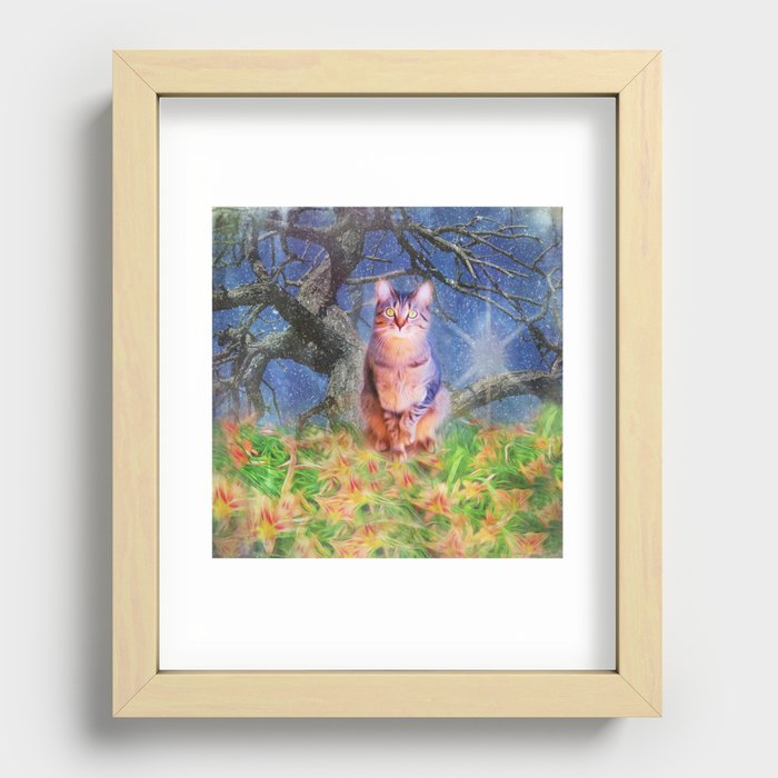 Cat In Tree With Tiger Lilies Recessed Framed Print