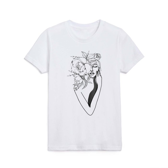 Woman with Flowers Marble Abstract Line Art Kids T Shirt